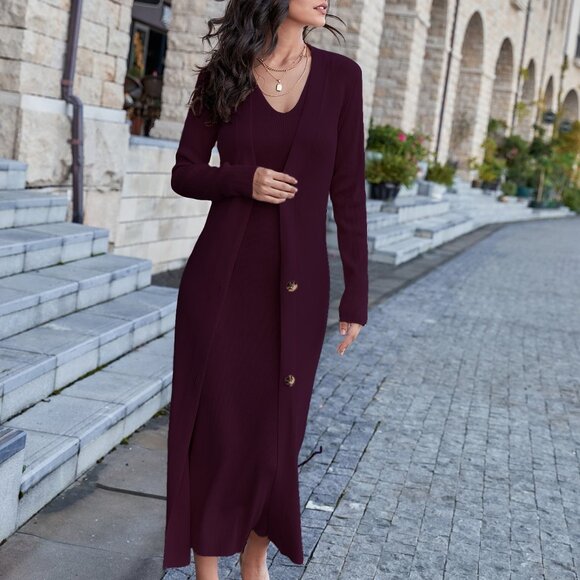 Maroon Elegant Women's Sleeveless Sweater Dress & Button Front Cardigan Set - Picture 4 of 8